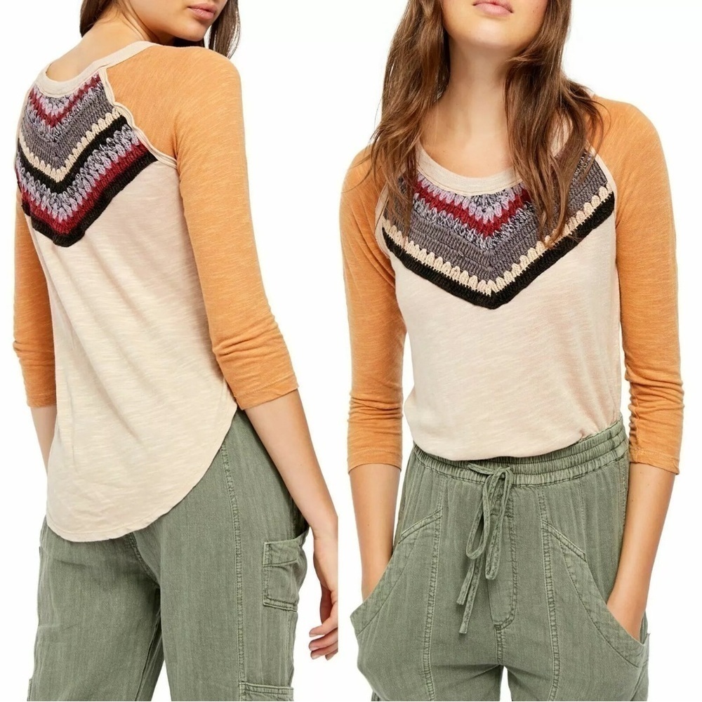 Free People Spring Bound Crochet Panel Tee Shirt Top Calm Sand Combo Size XS
